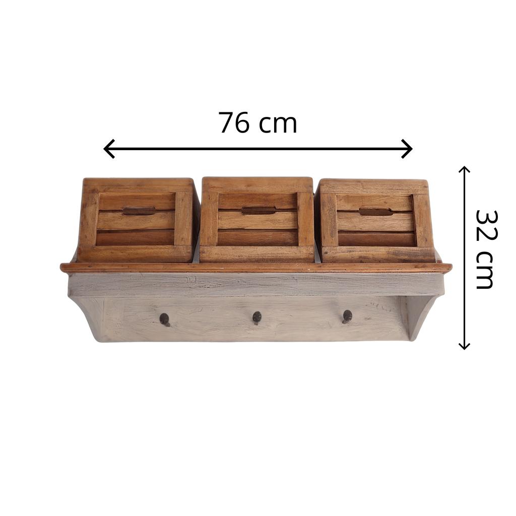 Vintage style wall shelf with wooden baskets