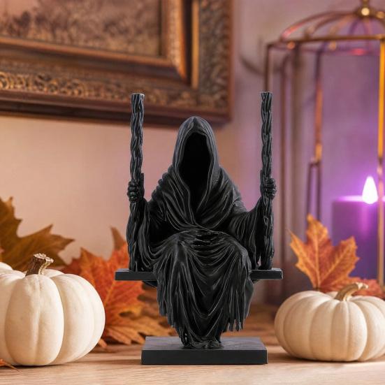 DYS 3D-gedruckte sitzende Sensenmann-Statue, gesichtsloser Mann in schwarzem Gewand auf Schaukel-Figur, gotische Kapuze Skulptur Ornament, dunkler Stil Figur Dekoration