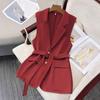 Women's Sleeveless Blazer Vest Button Lapel Collar Work Jacket Fall Casual Long Dressy Coat with Belt