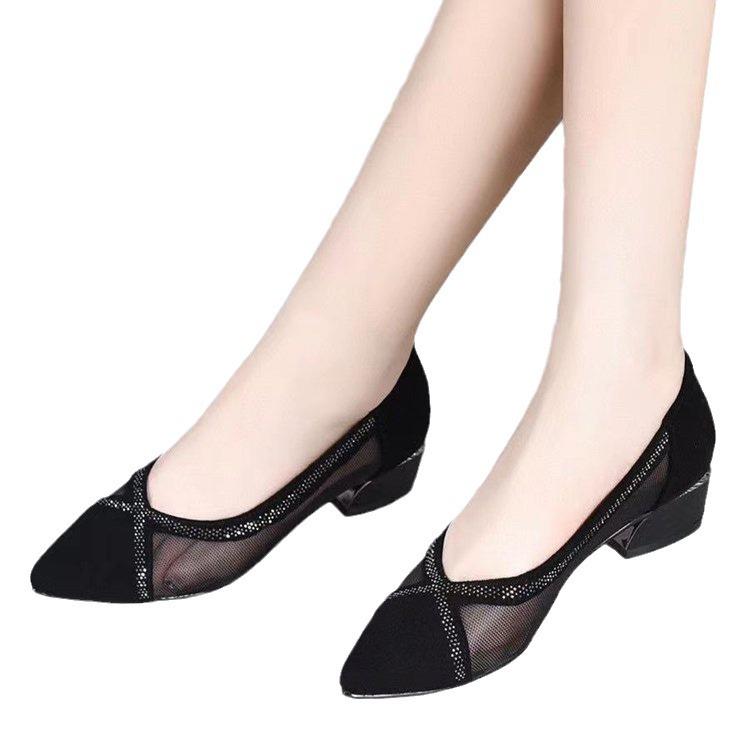 Xia pointed head suede light mouth single shoes middle heel mesh hollow women's shoes flat mesh small leather shoes sandals large size
