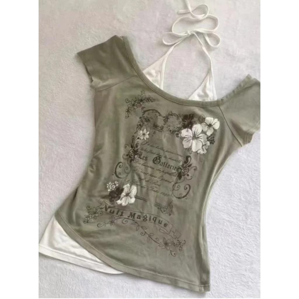 TrendHub Sommer Y2k Vintage Grafik T-Shirts Damen Grunge Streetwear Hot Girl Slim Fit T-Shirt Harajuku Mode Lässige Süße Oberteile Schick