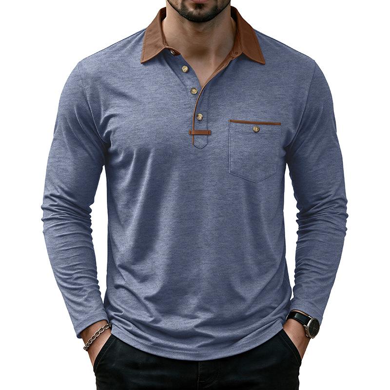Mens Casual Long Sleeve Polo Shirts Contrast Lapel Button T Shirt with Chest Pocket Solid Color Daily Business Tops