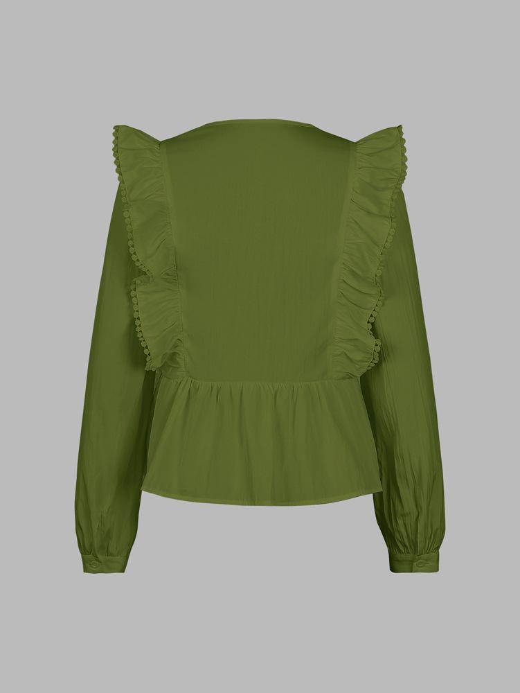 2026 Autumn Women's Casual Lace Patchwork Ruffle Long Sleeve Top