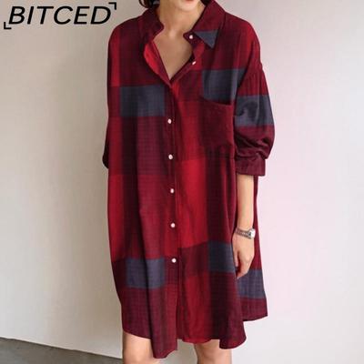 Women Turn-down Collar Long Sleeve Shirt Dress Summer Fashion Plaid Print Dress