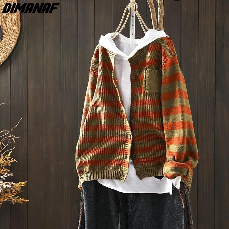 

DIMANAF 2023 Новый свитер, полосатый принт, пальто, осенний кардиган, женский вязаный пальто «летучая мышь», повседневные свободные короткие пуговицы с длинными рукавами