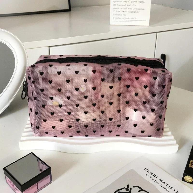 Women Cosmetic Pouch Toilet Storage Bag Ladies Toiletry Lipstick Key Coin Organizer Bags Purse Heart Transparent Mesh Makeup Bag