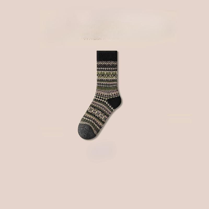 Ethnic-style Socks for Women In Winter, Thickened with Fleece, Warm Striped, Retro Long Tube with Loops, Women's Growth Socks, Cotton Socks