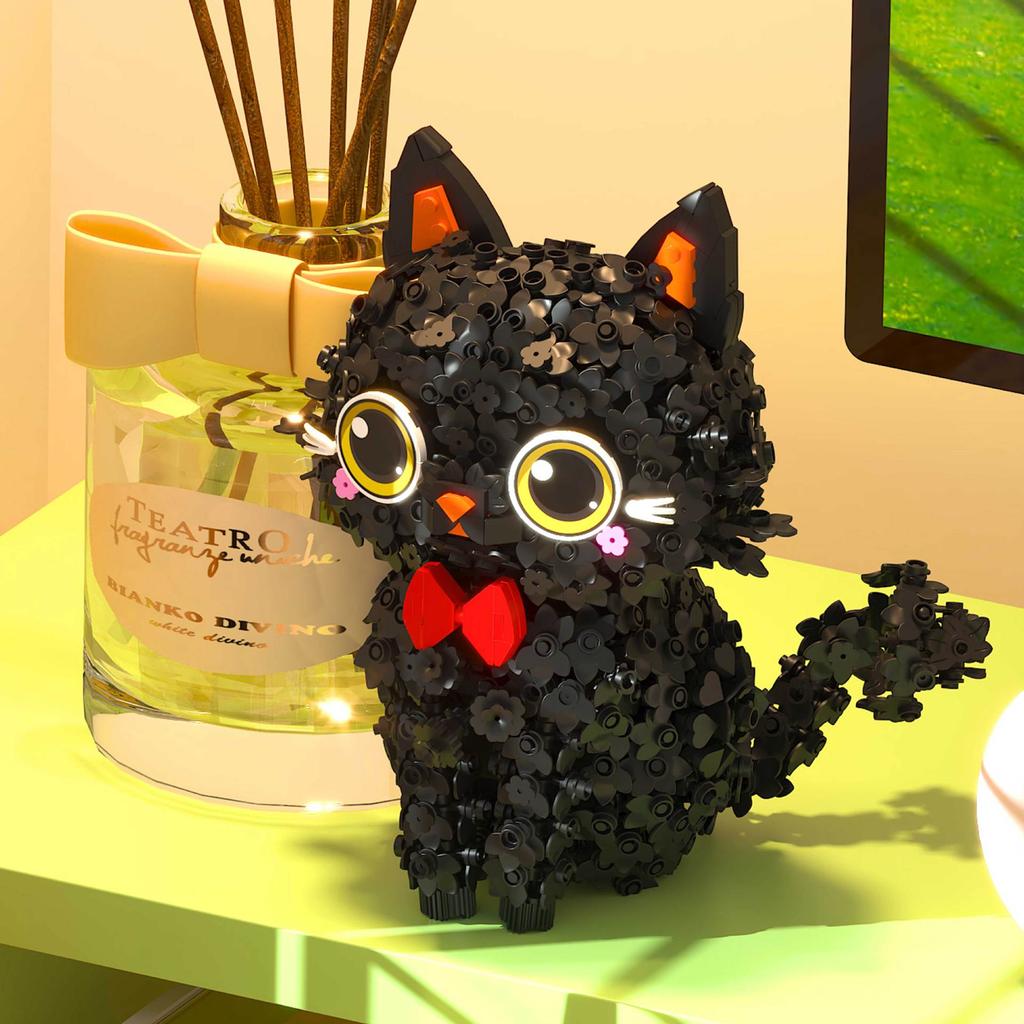 Black Floral Cat Building Blocks Educational STEM Toy for Girls Creative Bricks Model Gift