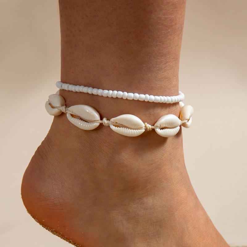 Ocean beach resort wind rice beads two-piece set simple contrasting color shell hand-woven anklet