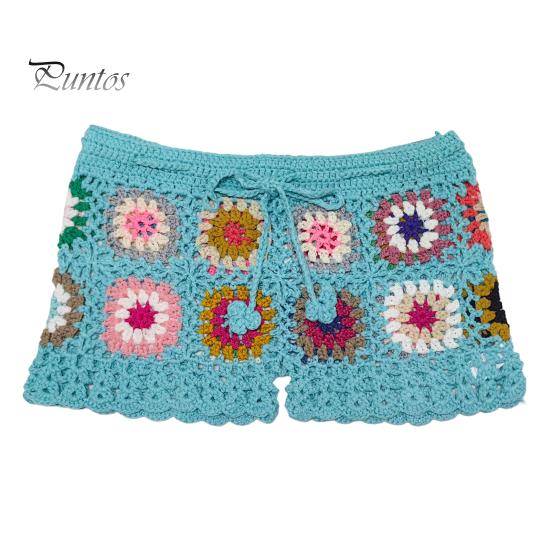 Women Crochet Beach Shorts Hollow Out Colorful Print Super Short Drawstring Elastic Waist High Waist Slim Fit Vacation Bikini Shorts