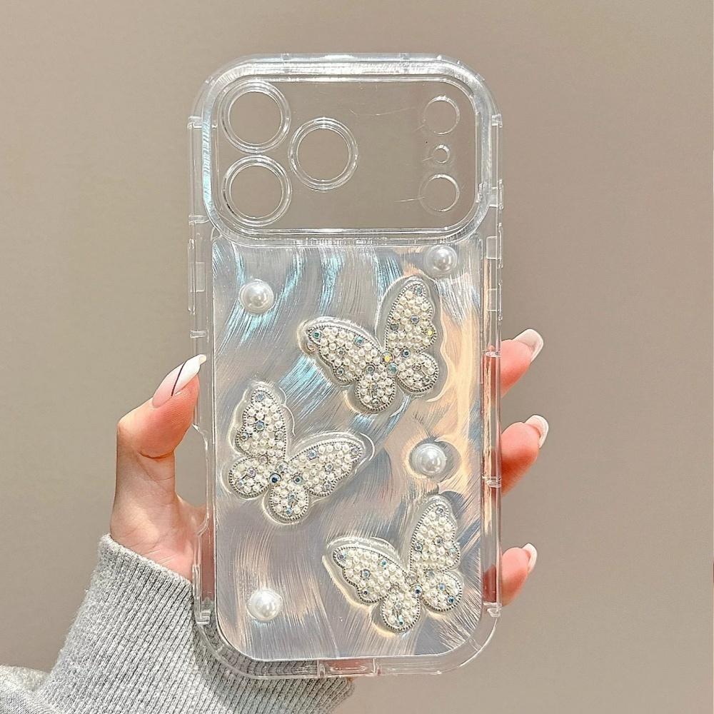 ins Korean feather yarn three-dimensional pearl butterfly suitable for Apple 17promax mobile phone case iphone16pro new 15 dream 17 light luxury iPhone 14