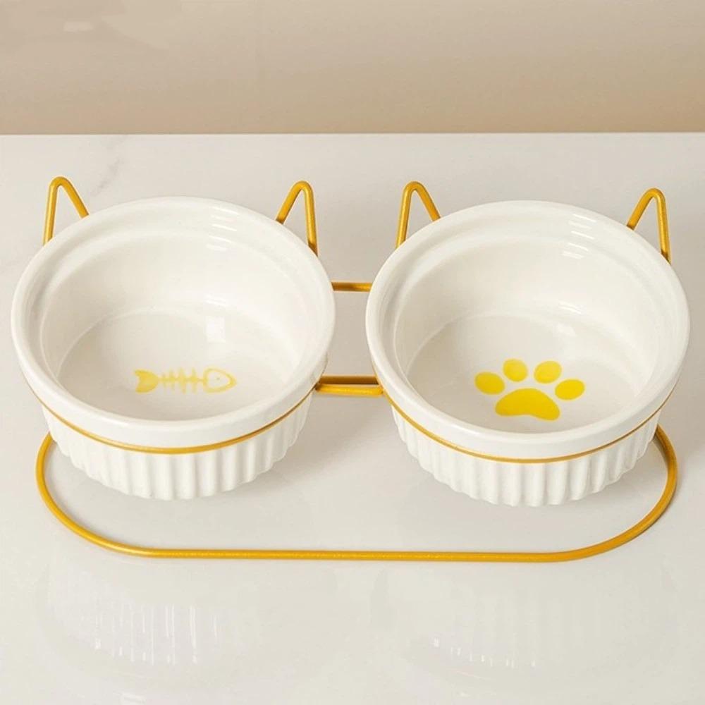 Non-Slip Ceramic Cat Bowls Iron Bracket Cat Water Bowls Elevated Cat Double Bowls  Dog Feeder