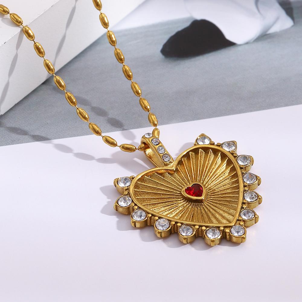 E.B.belle Cute Style Full Zircon Red Heart Pendant Charm Necklace Stainless Steel Sweet Sign Gold Plated Tarnish Free Jewelry