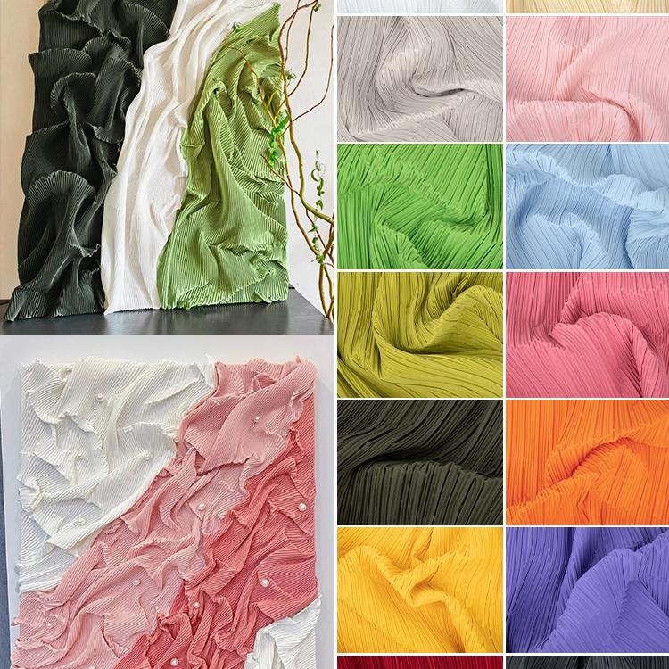 diy sewing wrinkled textile plain black white blue red pleated designer fabric by the meter for dress clothing background cloth