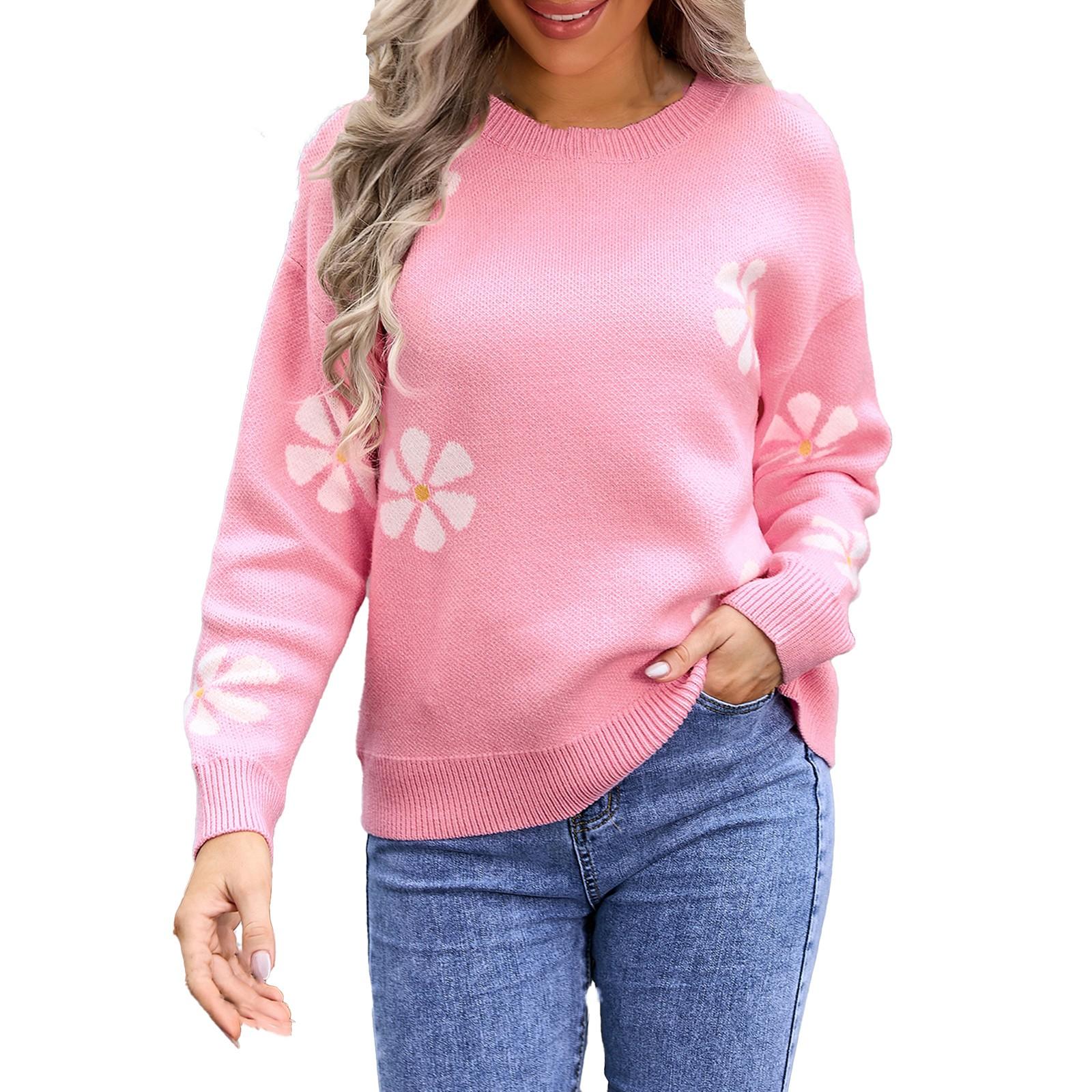 

Женский повседневный модный удобный пуловер с круглым вырезом контрастного цвета с цветочным принтом и длинным рукавом уличный тренд вязаный свитер M