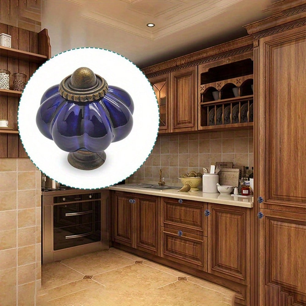 8pcs Cobalt Blue Ceramic Knobs, Pumpkin Cabinet Knobs, Vintage Dresser Knobs, Vintage Drawer Pulls with Screws for Closet Drawers Cupboard Cabinets
