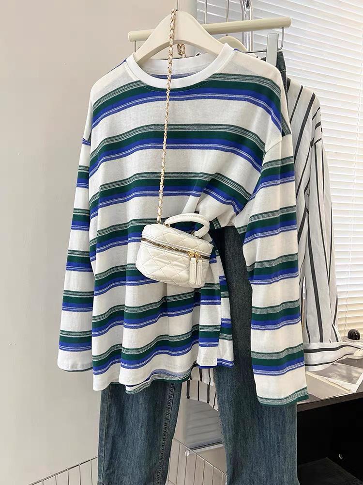 Women's Black Striped Long-Sleeve T-Shirt, Spring/Autumn 2025 Trend, Designer Look, Unique Base Layer, Loose Fit