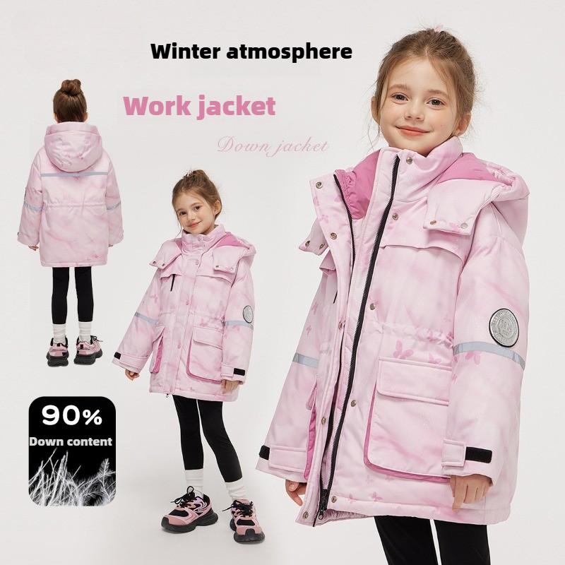 Girls' Workwear Down Jacket for Little Girls In Winter with Hood, Windproof and Warm Children's Thick Winter Clothes