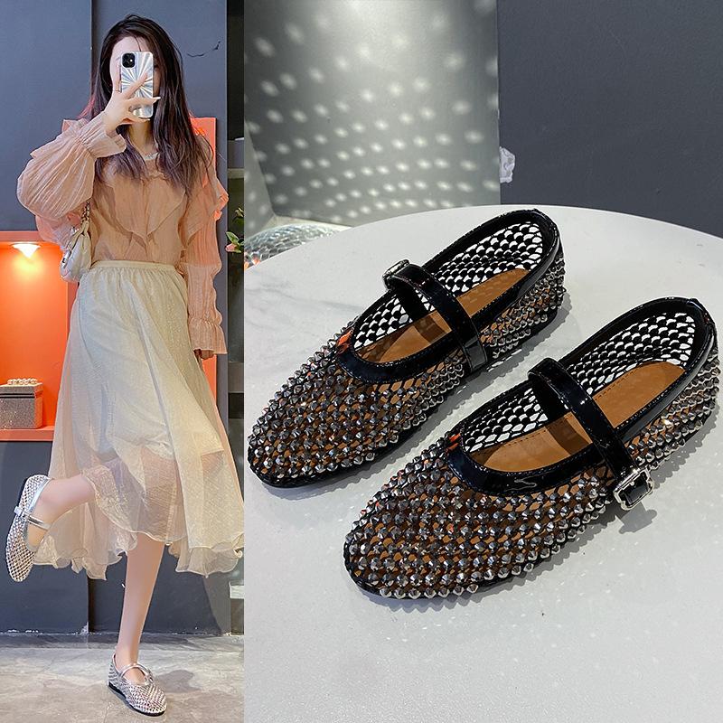 Hollow and breathable full diamond Mary Jane shoes for women's 2025 summer new temperament French flat soft sole with skirt light mouth single shoes