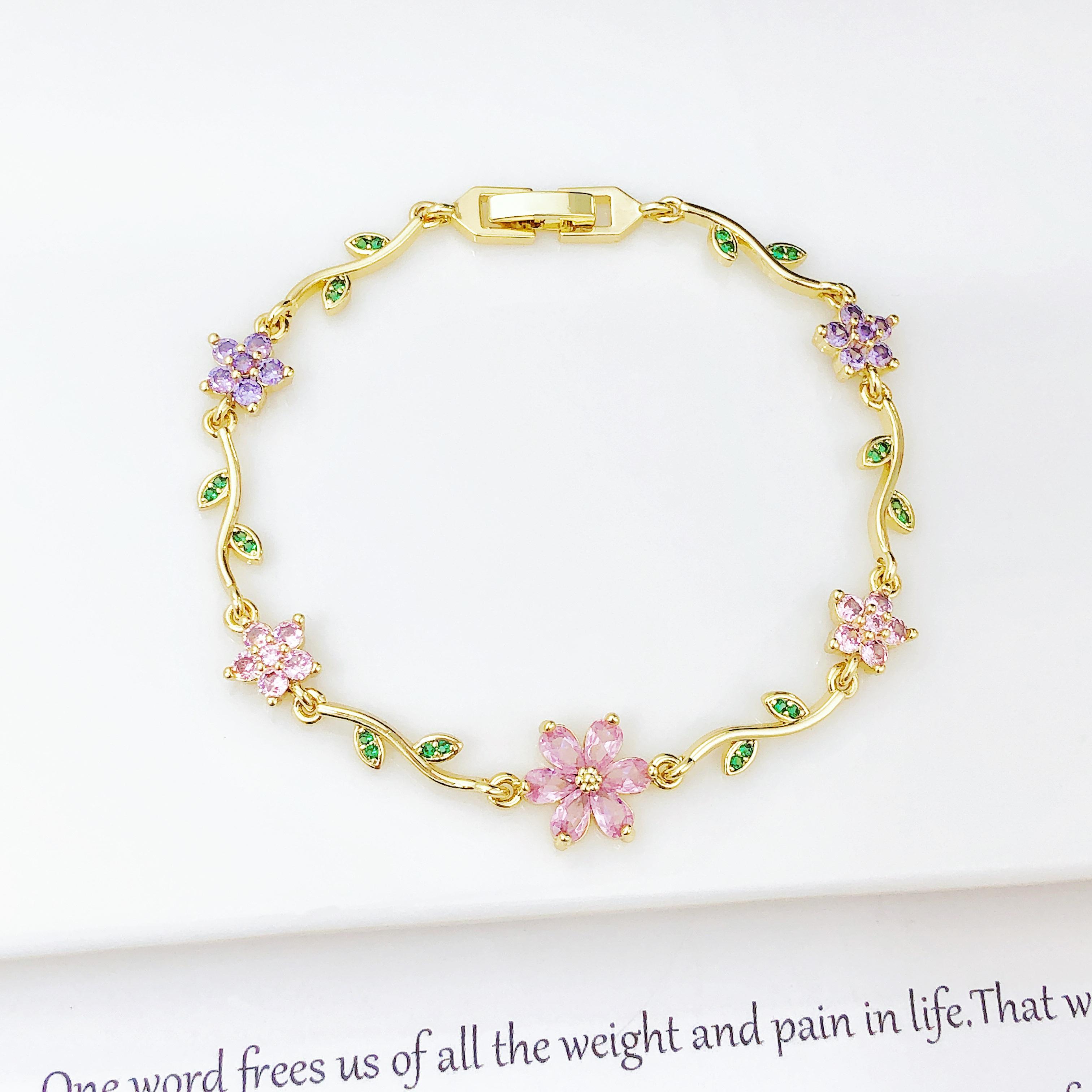 

Hot Sale Rhinestone Bowknot Floral Bracelet Gold Plated Crystal Flower Vine Bracelet Fashion Wedding Party Jewelry Gift for Her 18.5cm