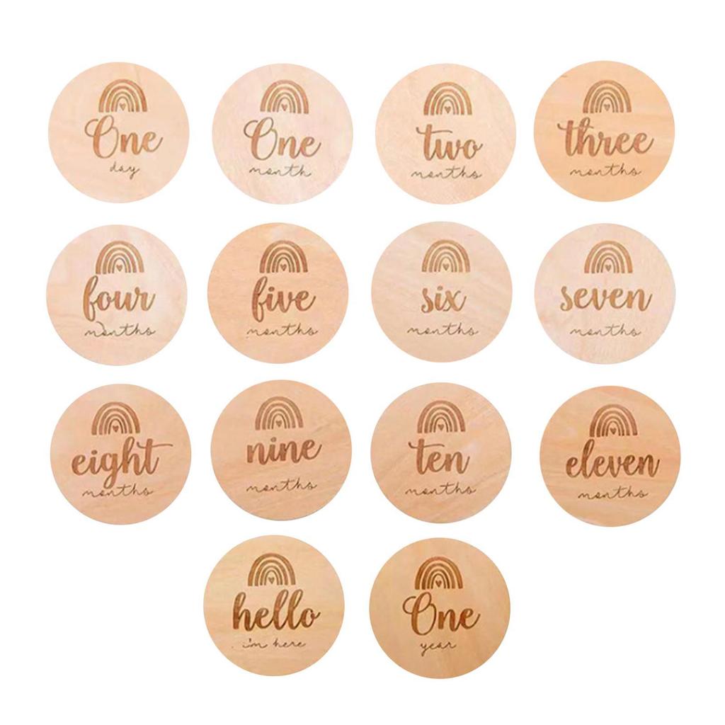 14 Pcs Milestone Cards Round Wooden for Monthly Recording Disc Door Hanger