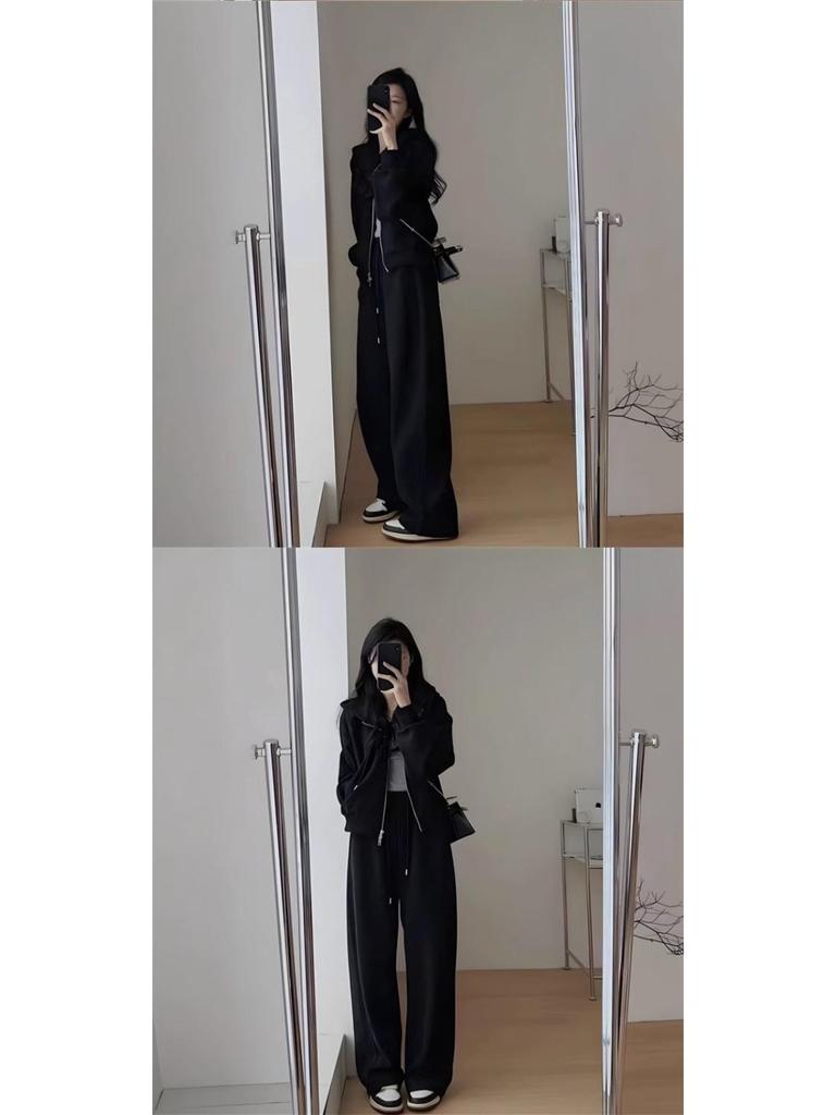 Women's Hong Kong Style Autumn-Winter Casual Sweatshirt & Wide-Leg Pants Set - Age-Reducing, Slimming, Hooded Two-Piece for Running
