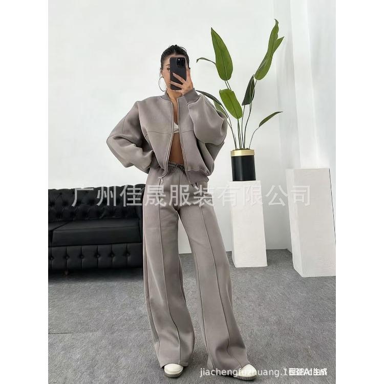 Women Casual Sporty Tracksuit Set Short Sleeve Zip Up Jacket High Waist Wide Leg Pants Loungewear