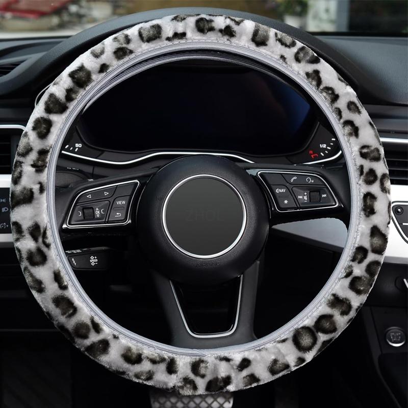 Fără inel interior Husă elastică pentru volan din pluș de leopard de înaltă densitate Capacă pentru mânerul mașinii Căldură de iarnă