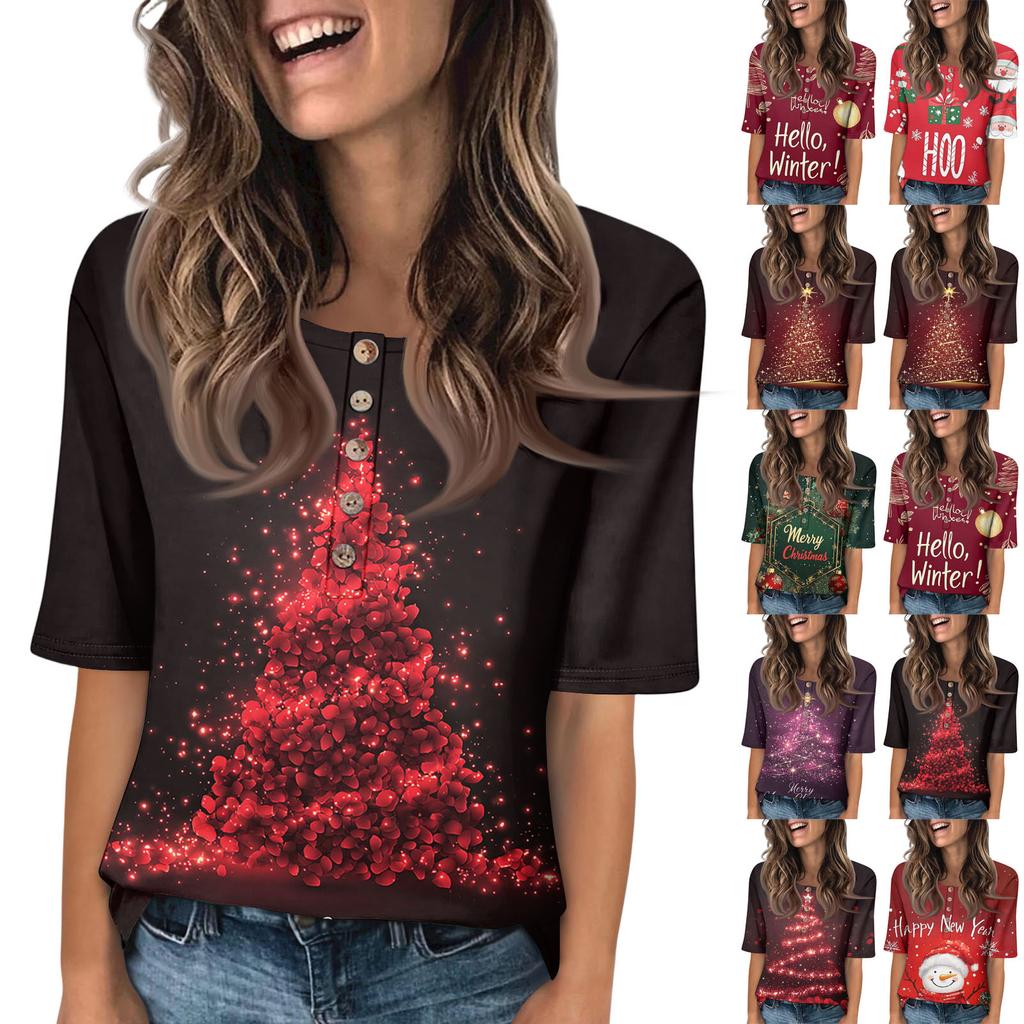 Shirts For Women Trendy Round Neck Button T Shirts Printed Blouse Half Sleeve Tops For Women