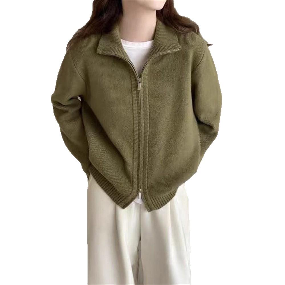 Korean Double-zipper Sweater Cardigan Jacket for Women, New Autumn and Winter Style, Laid-back Style, Soft and Loose Solid Color Knitted Sweater Top