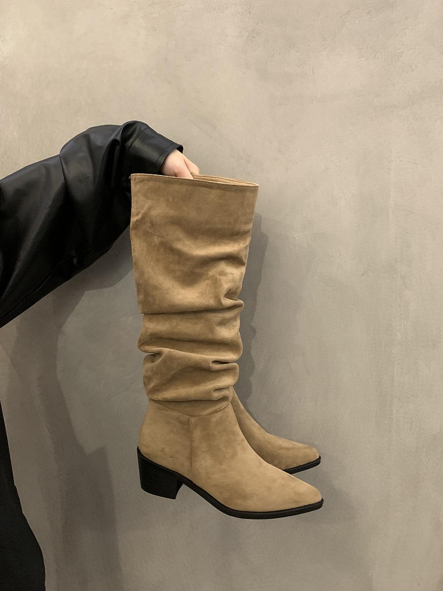 Vintage pointed thick heel khaki pile boots boots shoes 2025 skinny long knight boots 36