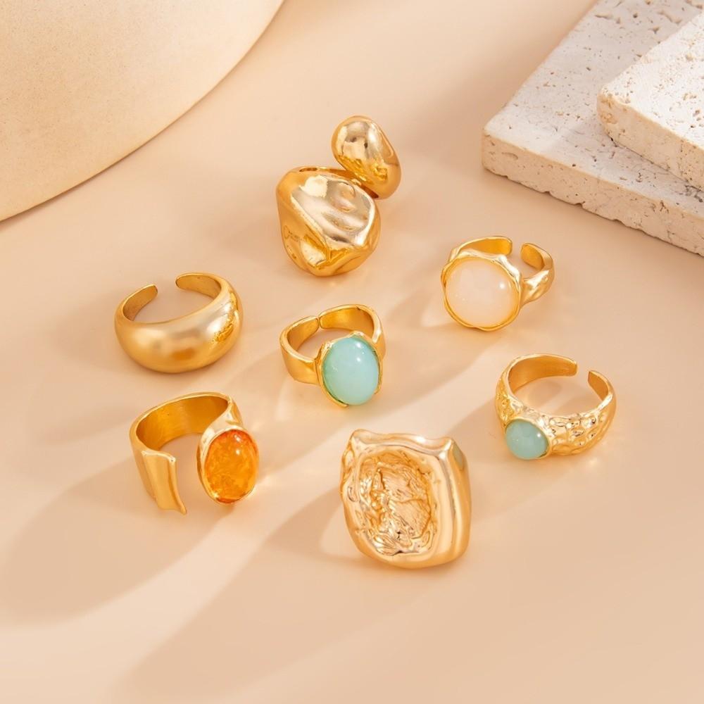5pcs/7pcs Irregular Chunky Smooth Rings Vintage Retro Metal Ring  Matchable Jewelry