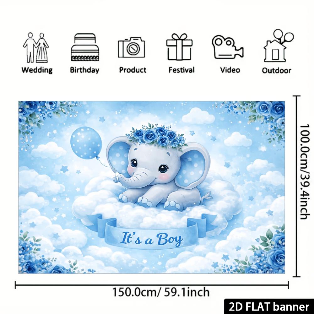 2D Plane Cloud Elephant Theme Background Cloth - Light Blue Dreamy Style  Decorated with Balloons  Stars and Blue Roses