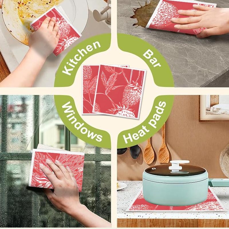 Cleaning Cloth Reusable Kitchen Dish Towels Eco-friendly Microfiber Red Strawberry Print Dishcloths Lint Free Washable Duster Rags Tea Towels 9*7inch