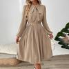Women Autumn Long Sleeve A Line Dress High Waist Pleated Solid Bow Collar Long Dresses Spring Sizes S XL