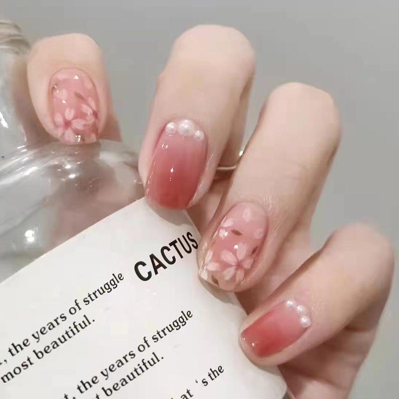 Pearl Inlaid Floral Ice-Clear Nail Art: Short, Cute, Gentle-Style Detachable Nails