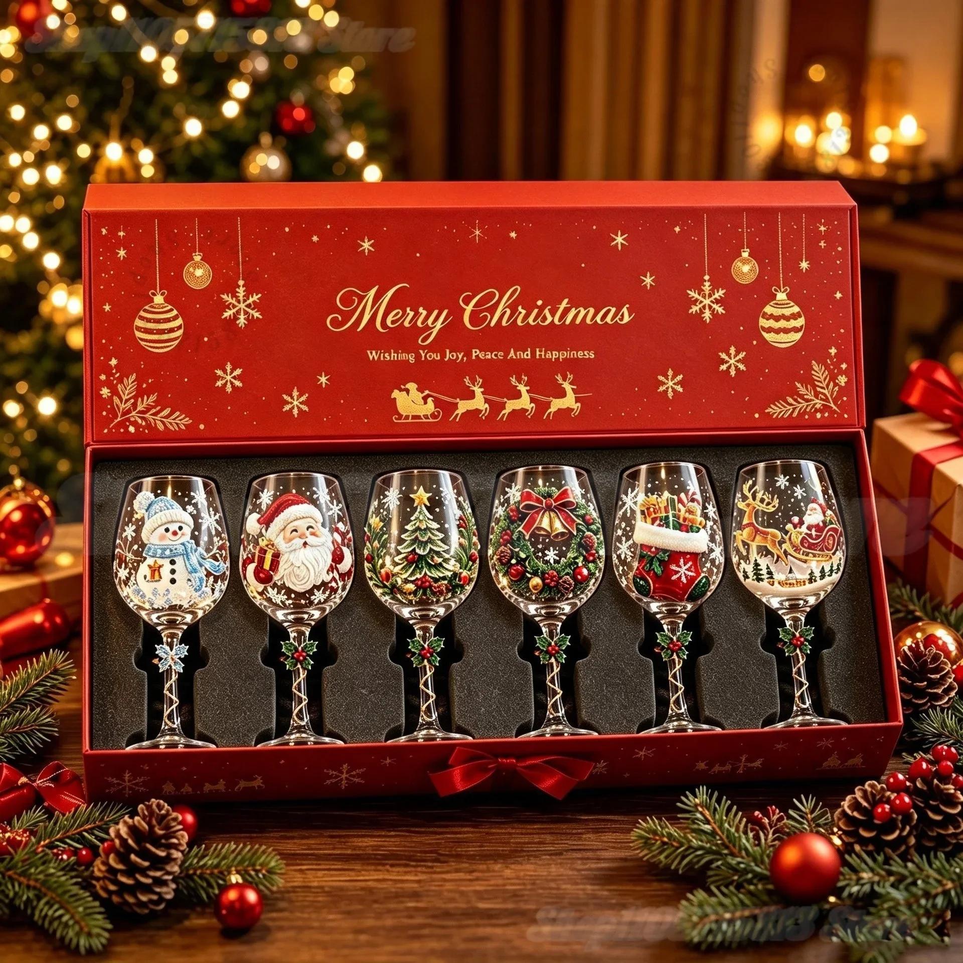 6-delige Kerst Wijnglazen Set in Cadeaubox Kerstman Sneeuwpop Rendier Kelk Feesttafel Drinkgerei Nieuwjaarsfeest Decoratie Benodigdheden