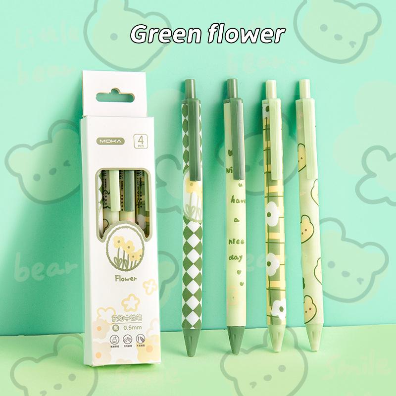 Conjunto de 4 Canetas Gel Florais Românticas Estampa Floral Adorável Ponta Esferográfica 0.5mm Tinta Preta para Escrever