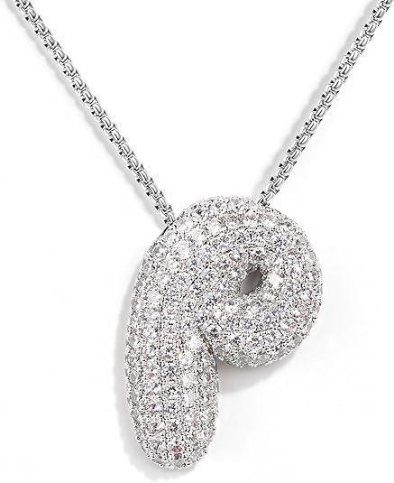 Cz Zircon Fat Initial A-Z Letters Balloon Bubble Pendant Necklace For Women Men Stainless Steel Box Chain Hip Hop Iced Jewelry