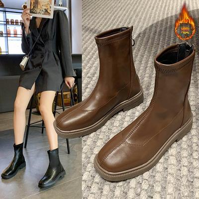 Nouvelles Bottines Femme Mode Femme Talon Plat Chaussures à Talons Bas Bottes Dame Cuir Femme Talon Bas Garder au Chaud Bottines Q112