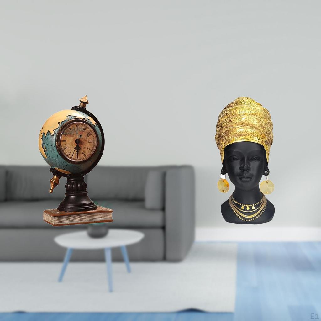 Figurine Table Clock And African Woman Statue Creative Resin Sculpture Ornament for Office Shelf