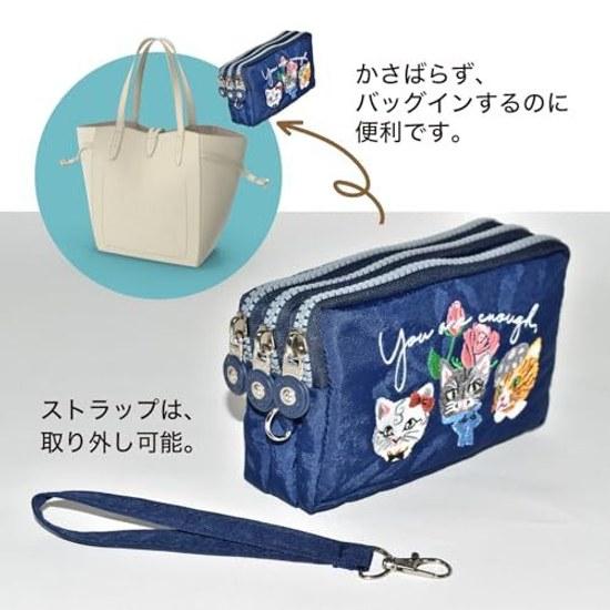 Pouch Cat Embroidery Cute Stylish Nylon Mini Cosmetic Makeup Small Item Holder Strap Large Capacity Pattern 3-Zipper Present Gift Travel 3 Pockets