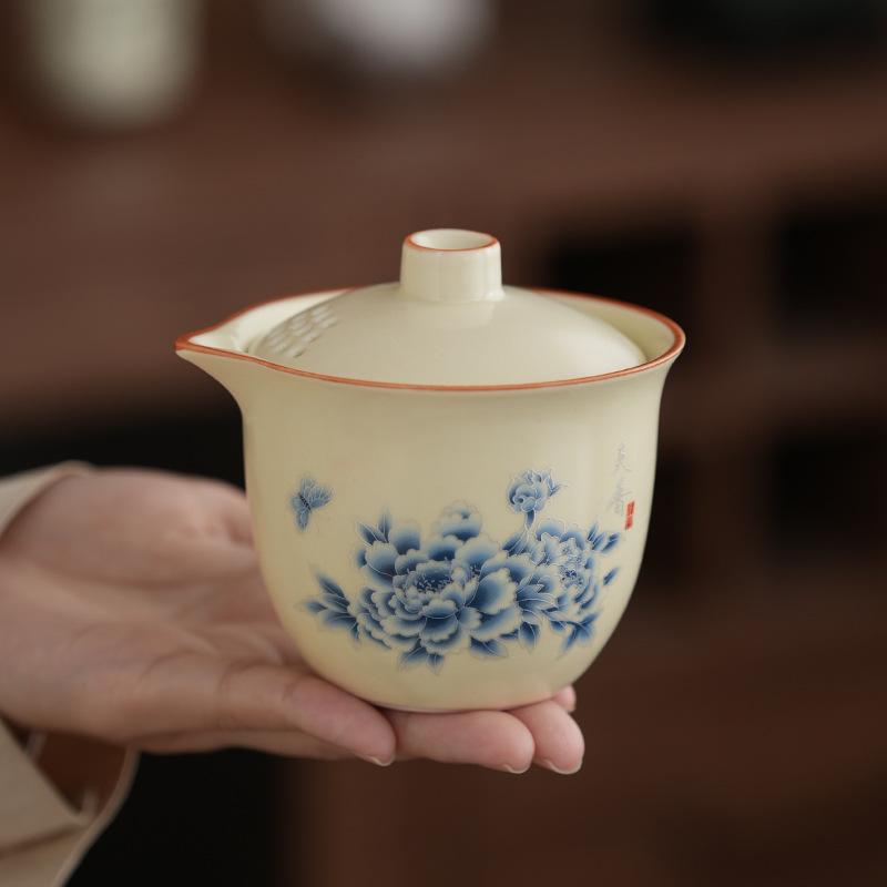 Ru Brennofen Pfingstrose Qingyun Tragbares Reise-Teeset Keramik Kuaike Tasse Kung Fu Tee-Set Geschäftsbegleiter Geschenk