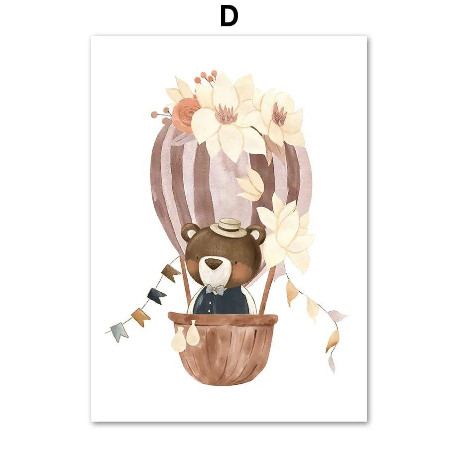 Boho Cartoon Bear Fox Goose Deer Hot Air Balloon Wall Art Canvas Painting Posters And Prints Pictures For Baby Kids Room Decor