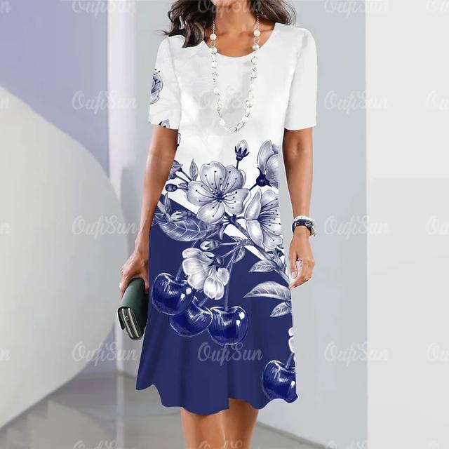 Elegantes Kurzarmkleid Damenbekleidung Blumendruck O-Ausschnitt locker Streetwear Sommerkleid