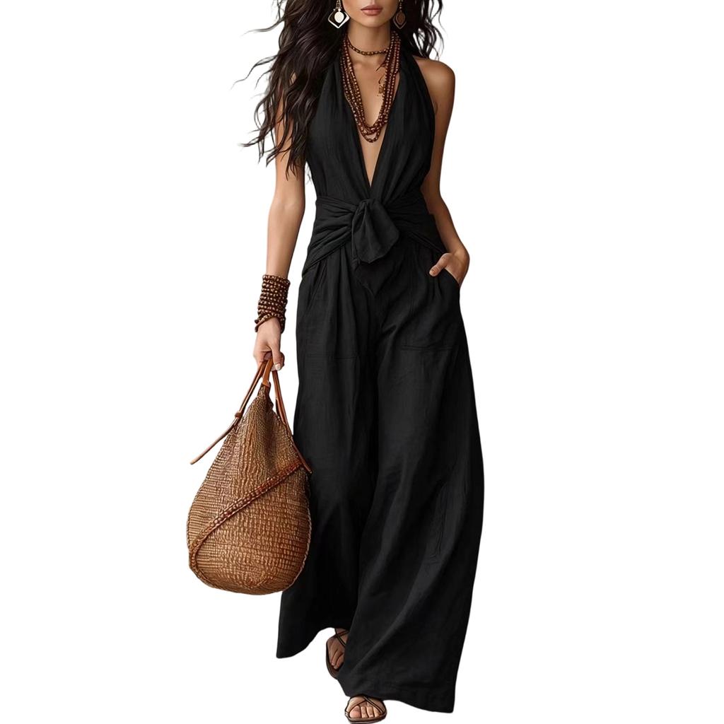Sleeveless Wide Leg Jumpsuit for Women Casual Loose Fit Double Pocket Summer Romper with Tie Front and V Neck