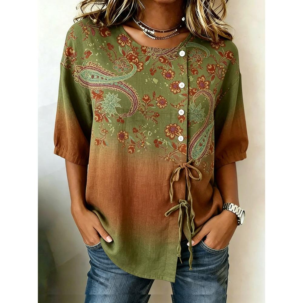 Women's Ombre Paisley Floral Print Drawstring Button Up Blouse, Casual Round Neck Tops for Spring Summer Daily Vacation Wear