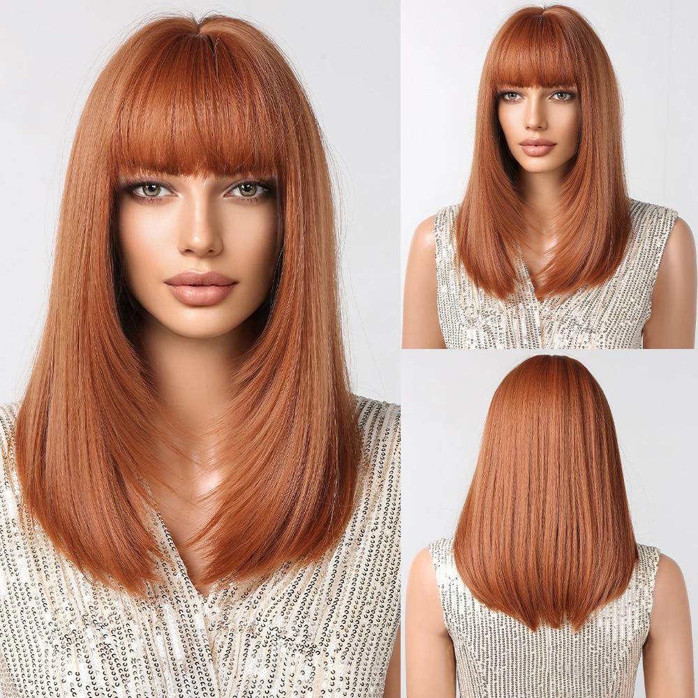 HAIRCUBE Long Straight Brown Synthetic Wigs for Women Natural Hair Dark Roots Wigs With Bangs Daily Party Heat Resistant Wigs