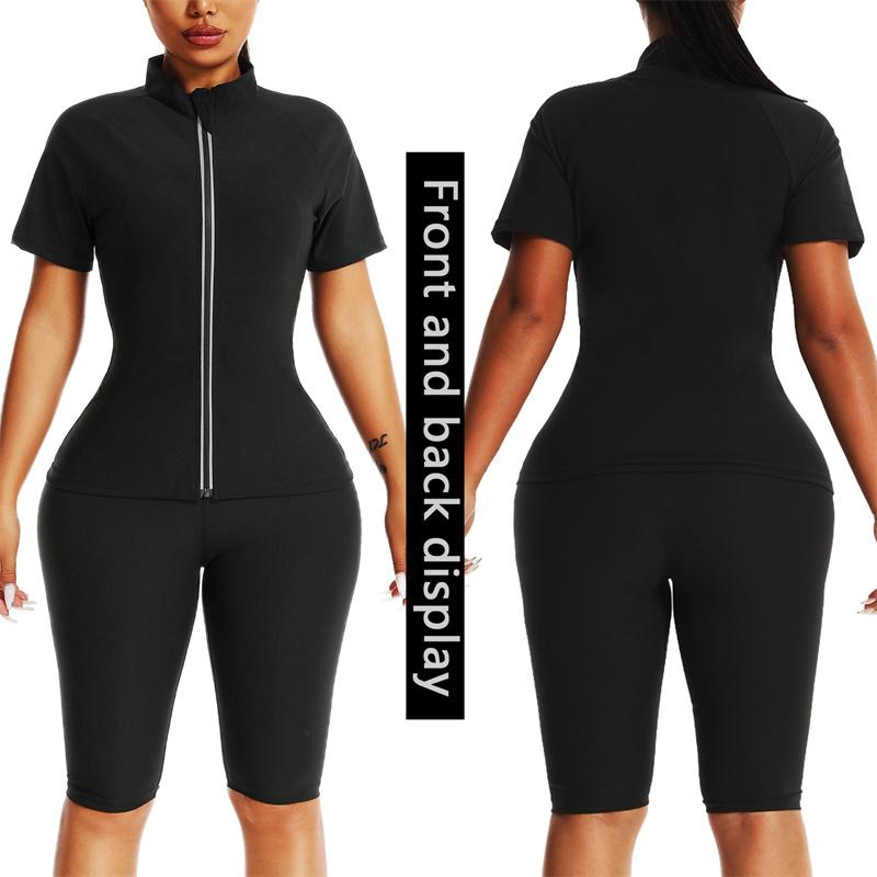 MrifDila Women Sauna Suit Jackets Body Shaper Sweating Short Sleeve Sweat Suit Gym Sweating Top Full Zip Up Sweat Jackets Heat