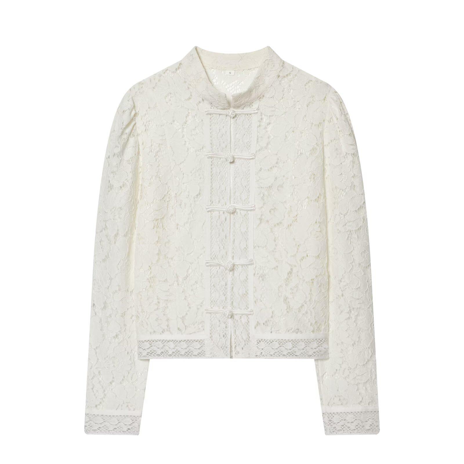 European and American Style New Women s Fashion Trendy European and American Style Frog Button Waist-Cinching Lace Crochet Stand Collar Shirt S белый